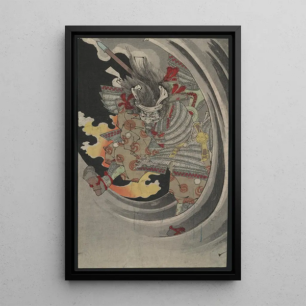 Nunobiki no Taki Akugenta Yoshihira no Naniwa Jir o Utsu - Tsukioka Yoshitoshi — framed artwork on a wall