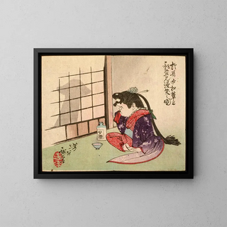 Okame laughing under a mushroom - Tsukioka Yoshitoshi — framed artwork on a wall