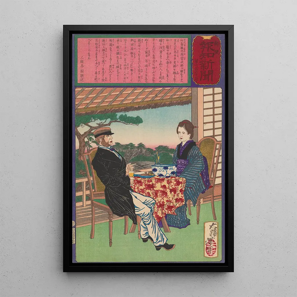 Okiyo, daughter of a gardener in Mukjima, and a stranger - Tsukioka Yoshitoshi — framed artwork on a wall