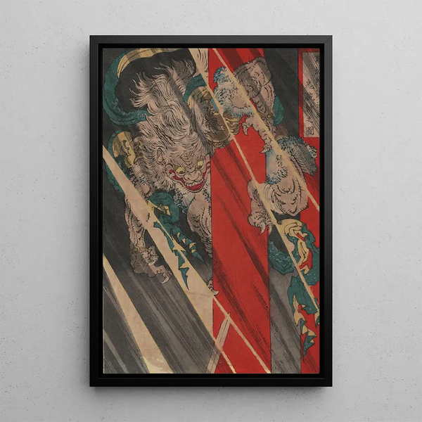 Rajmon watanabe no tsuna oni ude kiru no zu - Tsukioka Yoshitoshi — framed artwork on a wall