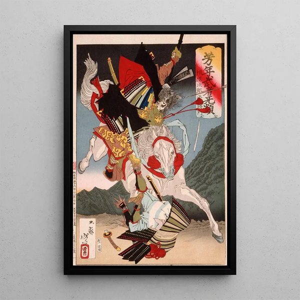 Sagami Jir and Taira no Masakado attacking an opponent on horseback - Tsukioka Yoshitoshi — framed artwork on a wall