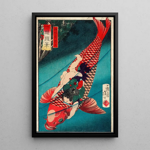 Sait Oniwakamaru sur une carpe - Tsukioka Yoshitoshi — framed artwork on a wall