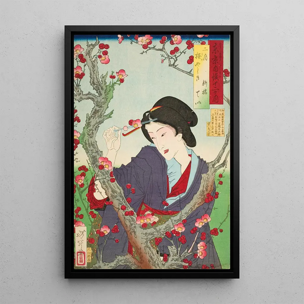 Second Month Tei of Shinbashi near a plum tree at Umeyashiki - Tsukioka Yoshitoshi — framed artwork on a wall