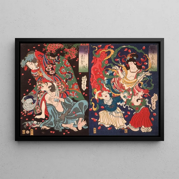 Seigen and Sakurahime Ange with two children - Tsukioka Yoshitoshi — framed artwork on a wall