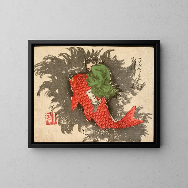 Shiei chevauchant une carpe au-dessus de la mer - Tsukioka Yoshitoshi — framed artwork on a wall