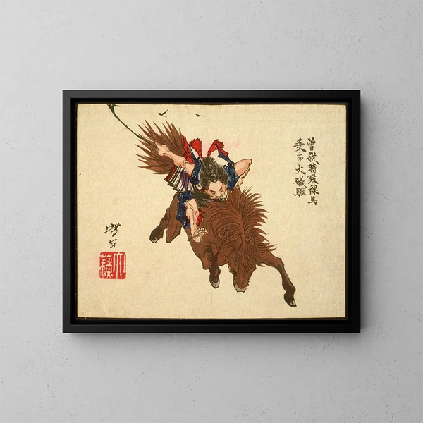 Soga no Gor on horseback towards Iso - Tsukioka Yoshitoshi — framed artwork on a wall
