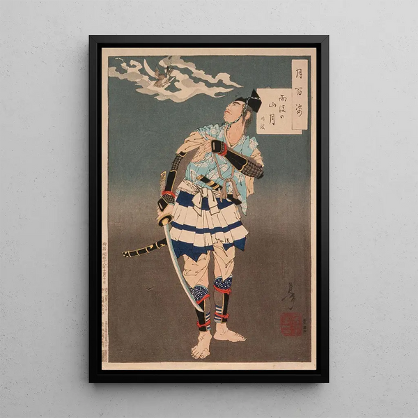 Soga no Gor Tokimune contemplant la lune après la pluie dans les montagnes - Tsukioka Yoshitoshi — framed artwork on a wall