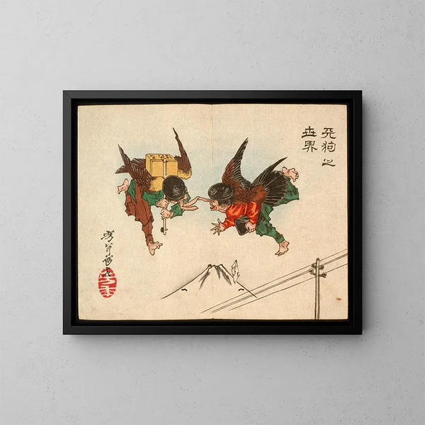 Messagers Tengu se heurtant en plein vol - Tsukioka Yoshitoshi — framed artwork on a wall