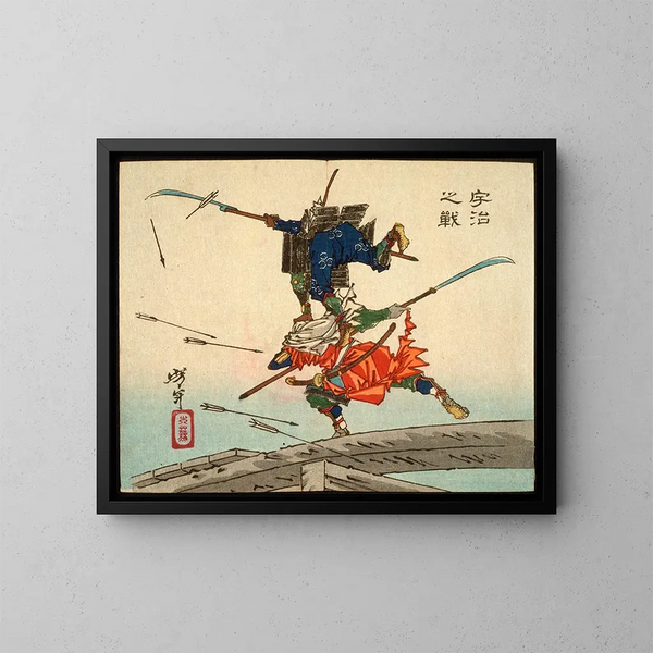 The Battle at Uji Bridge - Tsukioka Yoshitoshi — framed artwork on a wall