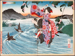 The demon Omatsu kills Shirsabur at the ford - Tsukioka Yoshitoshi — artwork view