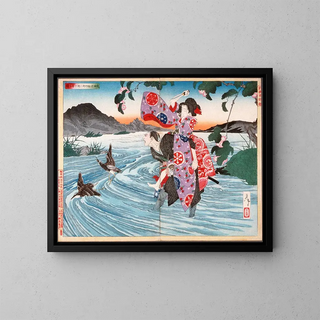The demon Omatsu kills Shirsabur at the ford - Tsukioka Yoshitoshi — framed artwork on a wall