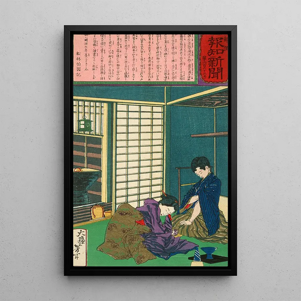 La geisha Umekichi implorant Nakajima Seibi de la quitter et de retourner à ses études - Tsukioka Yoshitoshi — framed artwork on a wall
