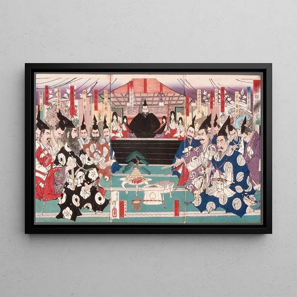 La Grande Conférence sur la Conquête de la Corée - Tsukioka Yoshitoshi — framed artwork on a wall