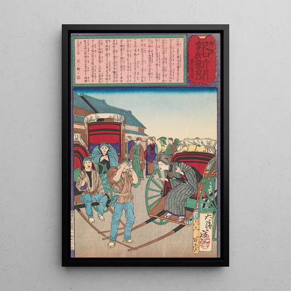 The Faithful Wife Koto Recognizes Her Lost Husband as Rickshaw Driver - Tsukioka Yoshitoshi — framed artwork on a wall