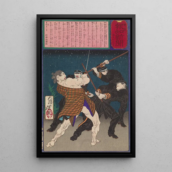 The Powerful Thief Kobayashi Masashichi Fighting Police Officers - Tsukioka Yoshitoshi — framed artwork on a wall