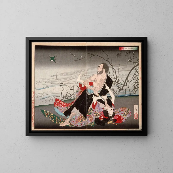 The Priest Daijin Kills Umegae - Tsukioka Yoshitoshi — framed artwork on a wall