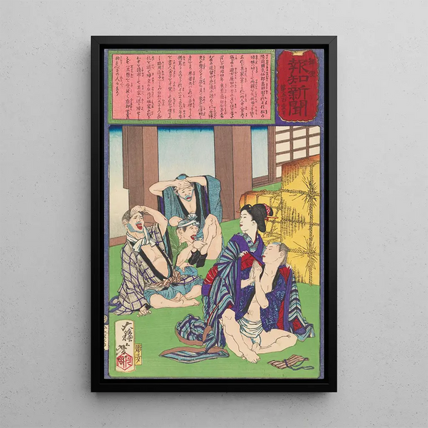 La prostituée Osai de Shiogama sauvant un marchand de Tokyo des joueurs - Tsukioka Yoshitoshi — framed artwork on a wall