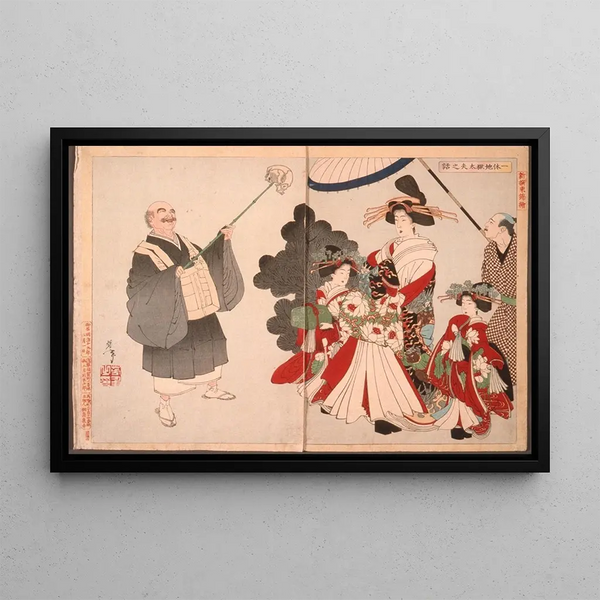 L'Histoire de la courtisane Jigokuday et du prêtre Ikkyū - Tsukioka Yoshitoshi — framed artwork on a wall