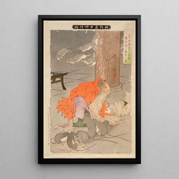 Les pensées malveillantes du prêtre Raig de Miidera le transforment en rat - Tsukioka Yoshitoshi — framed artwork on a wall