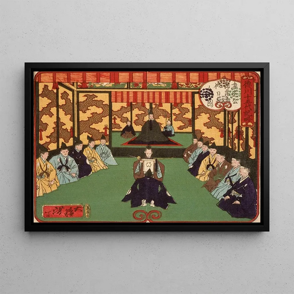 Tokugawa Iemitsu receiving lords in audience - Tsukioka Yoshitoshi — framed artwork on a wall