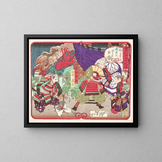 Tokugawa Ieyasu examining Kimura Shigenari's head at the Battle of Osaka Castle - Tsukioka Yoshitoshi — framed artwork on a wall