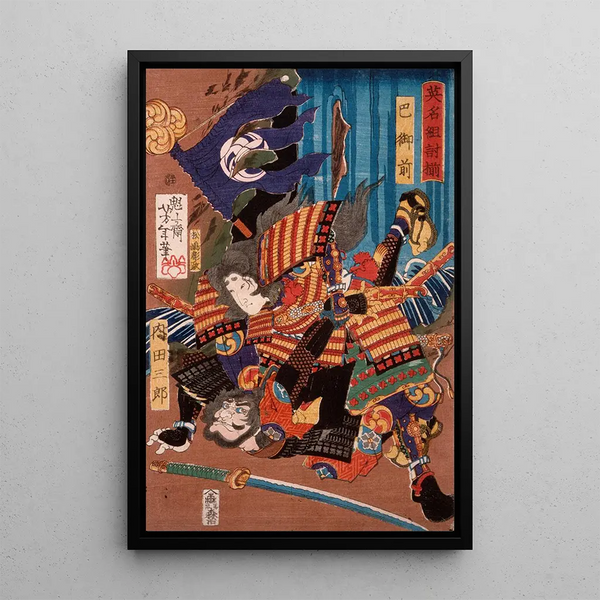 Tomoe Gozen, wife of Kiso Yoshinaka, defeating Uchida Sabur - Tsukioka Yoshitoshi — framed artwork on a wall