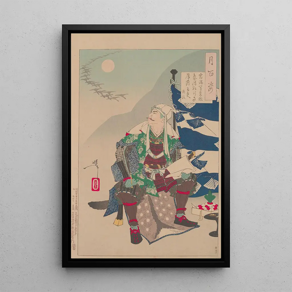 Uesugi Kenshin observing geese in the moonlight - Tsukioka Yoshitoshi — framed artwork on a wall
