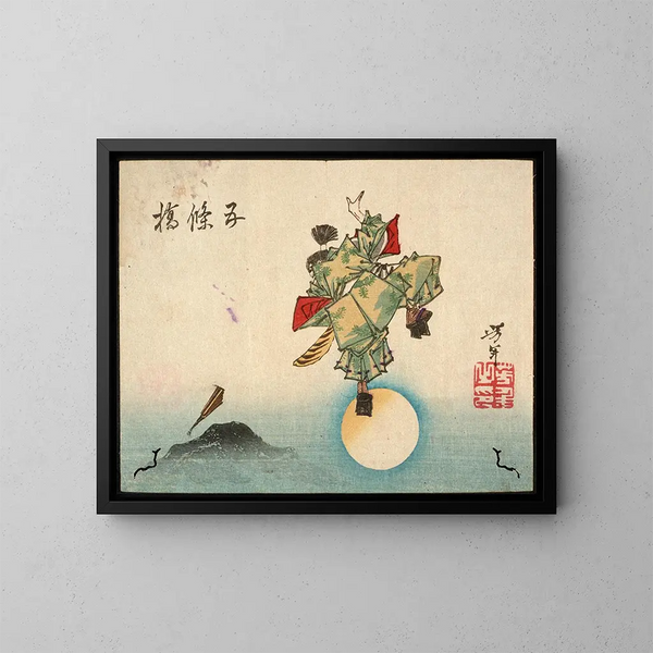 Ushiwakamaru at Goj Bridge - Tsukioka Yoshitoshi — framed artwork on a wall