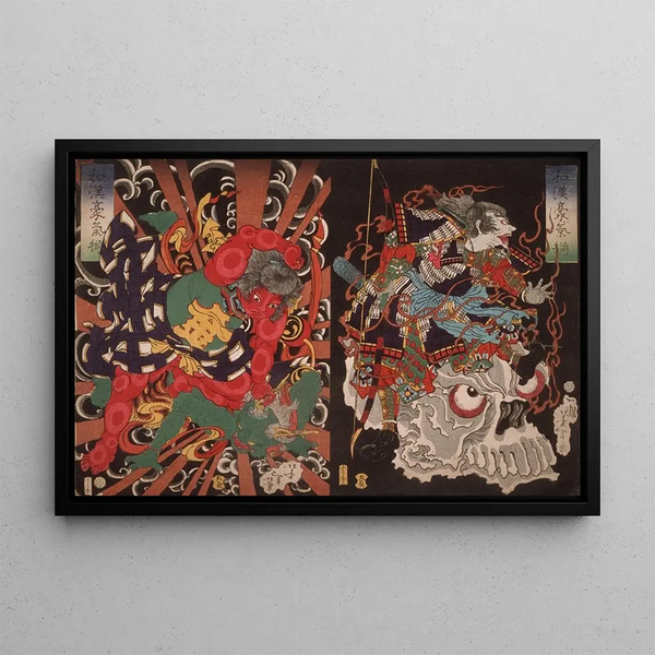 Warrior on a skull, Kintoki mastering a demon - Tsukioka Yoshitoshi — framed artwork on a wall