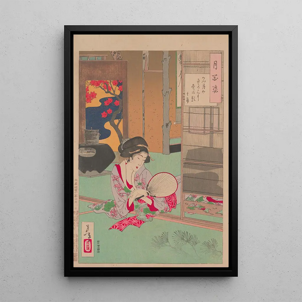 a Woman Looking at the Shadow of a Pine Branch Cast by the Moon - Tsukioka Yoshitoshi — framed artwork on a wall