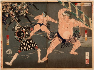 Duel between Yotsuguruma Daihachi and Kotengu Heisuke during the wrestlers and firefighters battle at Shinmei Shrine - Tsukioka Yoshitoshi — artwork view