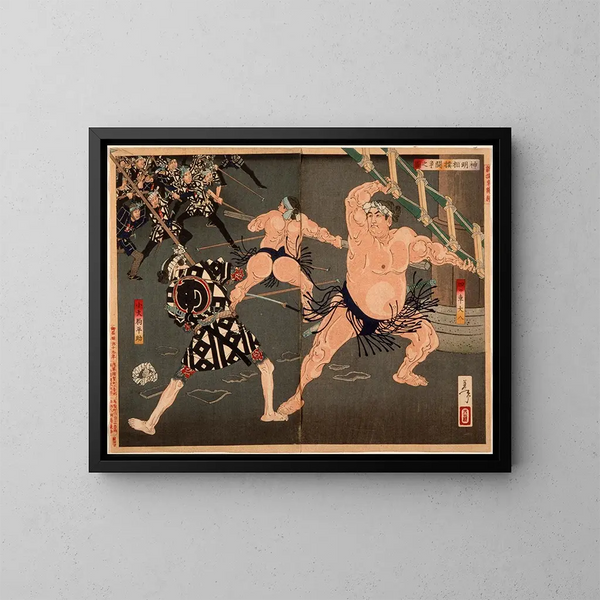 Duel between Yotsuguruma Daihachi and Kotengu Heisuke during the wrestlers and firefighters battle at Shinmei Shrine - Tsukioka Yoshitoshi — framed artwork on a wall