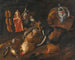 a still life with game and meats hanging from a bar with other birds in a basket and on the ground - School of Tuscany — artwork view
