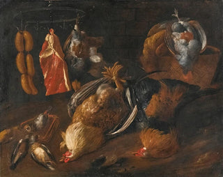 a still life with game and meats hanging from a bar with other birds in a basket and on the ground - School of Tuscany — artwork view