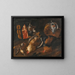a still life with game and meats hanging from a bar with other birds in a basket and on the ground - School of Tuscany — framed artwork on a wall