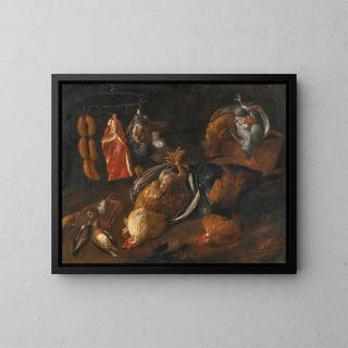 a still life with game and meats hanging from a bar with other birds in a basket and on the ground - School of Tuscany — framed artwork on a wall