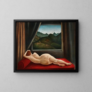 Nude lying with window - Ubaldo Oppi — framed artwork on a wall