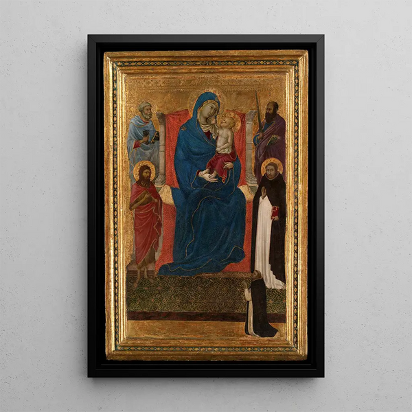 Virgin and Child in Majesty with Saints Peter, Paul, John the Baptist, and Dominic and a Dominican supplicant - Ugolino di Nerio — framed artwork on a wall