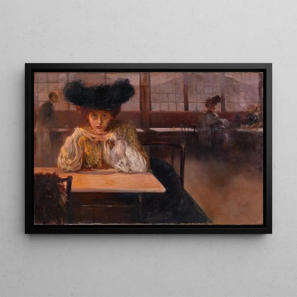 A young woman in a café - Ulisse Caputo — framed artwork on a wall