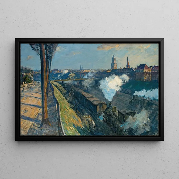 City and railway painting I - Ulrich Hübner — framed artwork on a wall