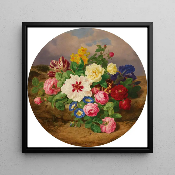 a painting Un Bouquet de Roses, Tulipes et Narcisses sur un Sol Sableux - Josef Lauer — wall display of the artwork