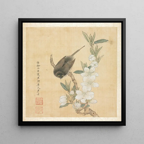 a Bird and a Peach Blossom Branch - Chen Hongshou — framed artwork on a wall