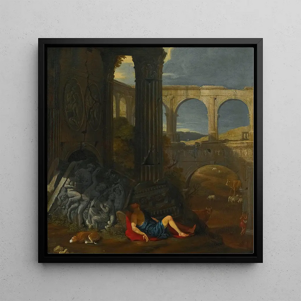 an architectural caprice with ancient ruins, a triumphal arch, and a high-relief sculpture depicting the story of Mercury and Argus - Jean Lemaire — framed artwork on a wall