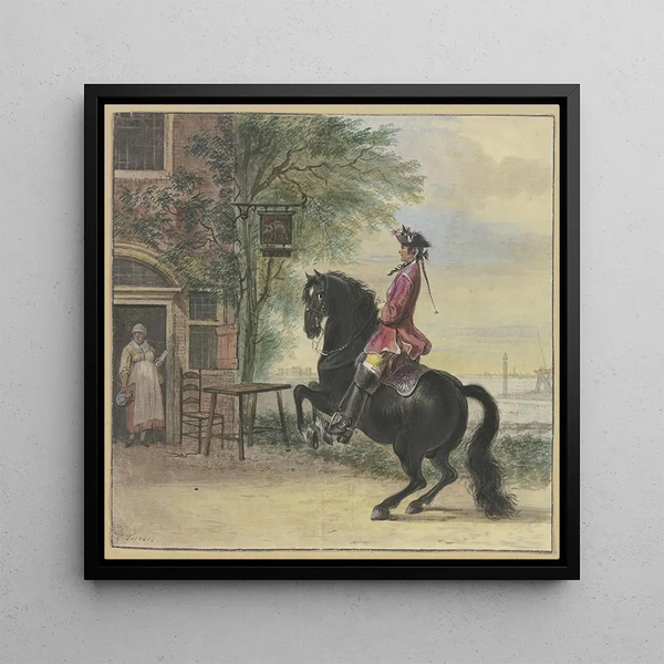 a painting of a cavalier with a tricorne and braid in the background, a canal landscape - Cornelis Troost — framed artwork on a wall