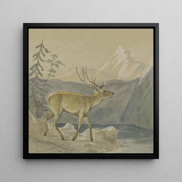 a painting of a wounded deer seeking comfort by a mountain lake - Johann Erdmann Gottlieb Prestel — framed artwork on a wall