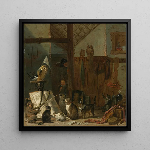 a painting of a concert of cats, owls, a magpie, and a monkey in a barn - Cornelis Saftleven — wall display of the artwork