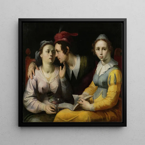 A couple in court and a woman with a songbook - Cornelis Cornelisz Van Haarlem — framed artwork on a wall