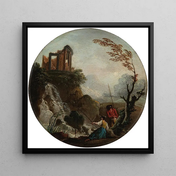 a couple fishing at the foot of a waterfall with ruins above - Charles-François Grenier De Lacroix — wall display of the artwork