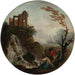 a couple fishing at the foot of a waterfall with ruins above - Charles-François Grenier De Lacroix — displayed in an interior