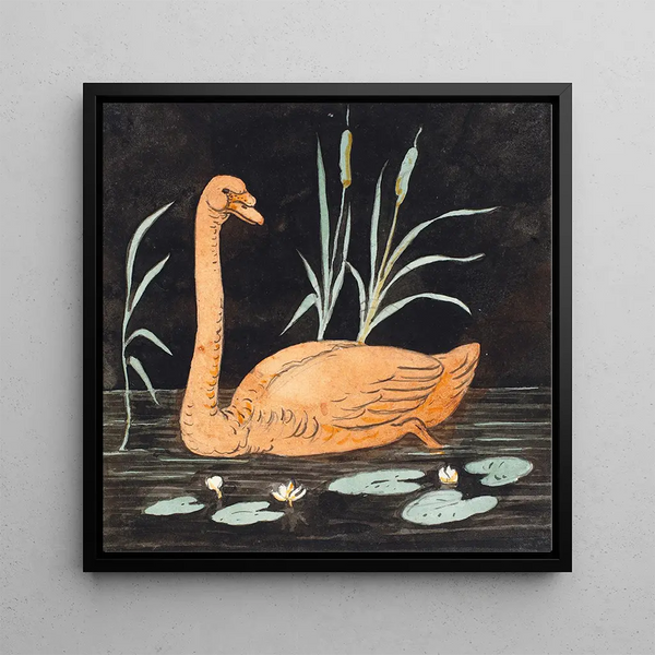 A swan on a black background, decorative sketch - P C Skovgaard — framed artwork on a wall